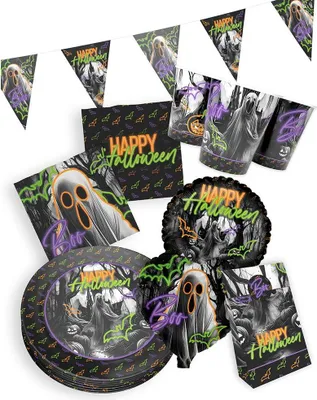 Produktbild von Halloween Partyset 6-teilig – Teller, Becher, Servietten, Wimpel, Tüten, Ballons