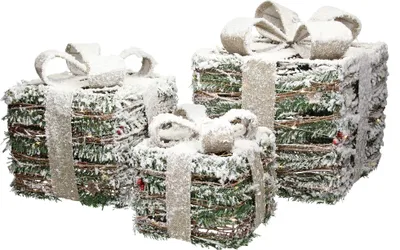 Productafbeelding van ECD Germany 3-delige set LED kerstcadeaudoosjes, op batterijen met timer, van riet