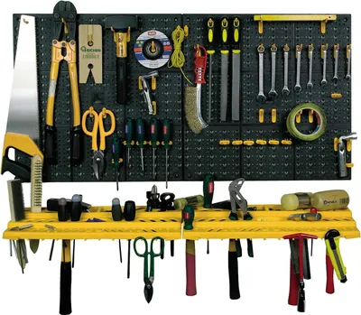 Immagine prodotto di Parete dell'officina Porta attrezzi Parete forata 2 pannelli a parete 2 ripiani 50 ganci set