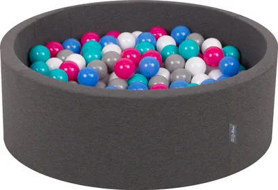 Zdjęcie produktu dla KiddyMoon suchy basen okrągły z piłeczkami 7cm ciemnoszary: biały-szary-niebieski-ciemny róż-jasny turkus 90x30cm/200piłek zabawka basen piankowy