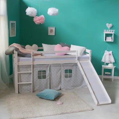 Produktbild von Homestyle4u Hochbett 90x200 Kinder Weiß ohne Lattenrost mit Rutsche Spielbett Sternen Vorhang