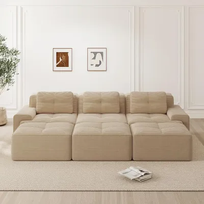 Produktbild von Rahmenloses Sofa 3 Sitzer, modulares Ecksofa Beige aus Cordstoff. Sofa mit Schlaffunktion, 3 Hockern und 74cm Sitztiefe für das Wohnzimmer.