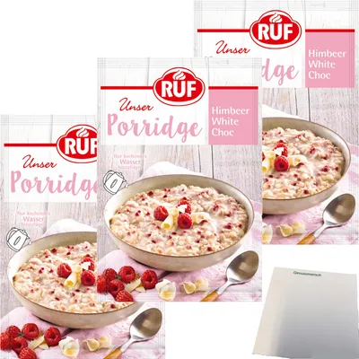 Produktbild von RUF Porridge Himbeer White Choc 3er Pack (3x65g Beutel) + usy Block