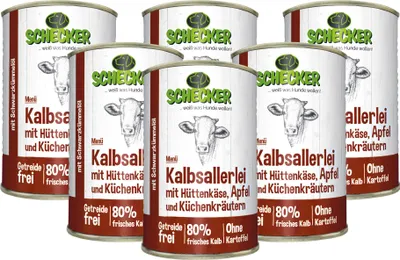 Produktbild von 6x410g Schecker Hundemenü Nassfutter mit 80% Kalb mit Hüttenkäse, Apfel und Schwarzkümmelöl