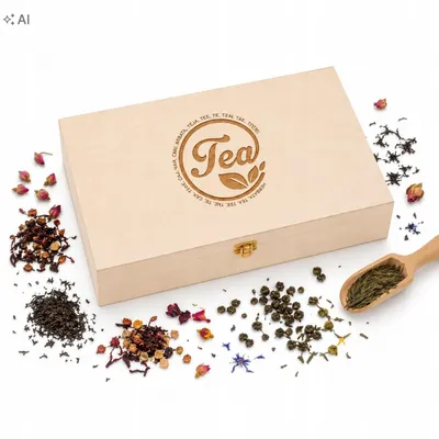 Produktbild von Teebox aus Holz, Weinzimmer-Set mit 8 losen Teesorten und Gravur