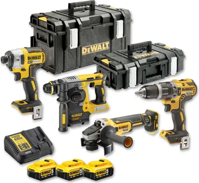 Produktbild von DeWALT Akku-Kombopack DCK422P3-QW 18V 5Ah - DCD796 Schlagbohrschrauber, DCH273 Kombihammer, DCF887 Schlagschrauber, DCG405 Winkelschleifer