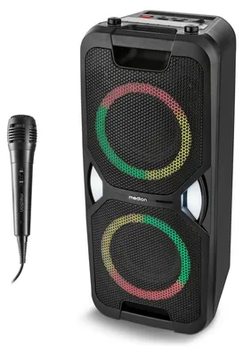 Image de MEDION PE-1 Pure Partybox (batterie rechargeable, avec microphone, haut-parleur portable Bluetooth grand format, boîte à musique, différents effets lumineux, haut-parleur de fête avec karaoké, 2 x prise microphone, AUX, USB, radio)