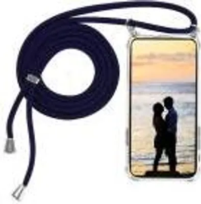 A dark blue cord case for a Samsung Galaxy A51 phone, with a silver accent, shown with a romantic image of a couple on the phone screen.