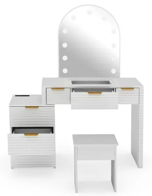 Produktbild von Schminktisch mit Spiegelbeleuchtung, Glasplatte, 3 Beleuchtungsmodi, verstellbarer Schminktisch, moderner Schminktisch mit Stuhl, Steckdose und 6