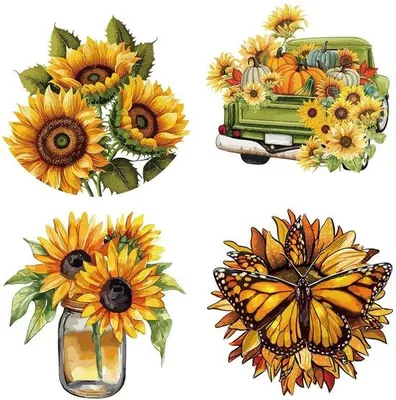 Productafbeelding van Set van 4 wandstickers "Zomerzonnebloem". Bloem, vlinder, dier. Decoratieve, verwijderbare en waterdichte wandsticker voor kamerdecoratie. 16 x 16 cm