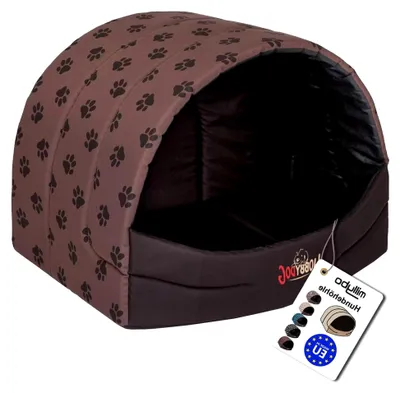 Produktbild von Hundehütte Hundehöhle Hundebett Hundehaus S-XL (55 x 43 cm), Hellbraun mit Muster (Pfötchen)