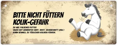 Produktbild von Metallschild mit weißem Pferd Motiv und Spruch: Bitte nicht füttern -