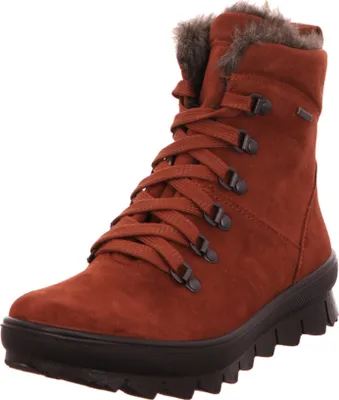 A single brown boot with fur trim and black laces is shown against a white background.
