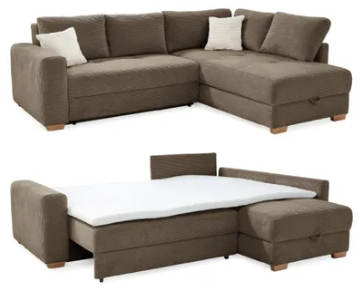 Produktbild von Ecksofa-Dauerschläfer Boxspring Federkern-Couch Topper Bettkasten Cord Braun Taupe / 15210