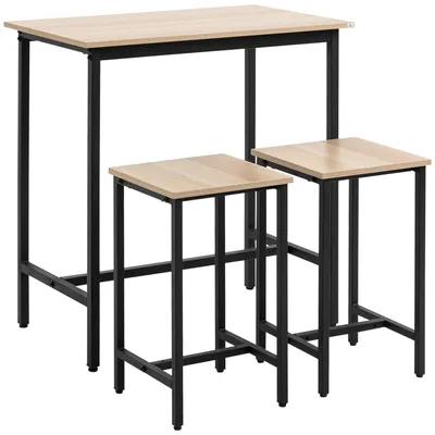 Image de Ensemble de table et de tabourets – Style industriel – Table haute avec 2 tabourets – Bois naturel – Métal noir