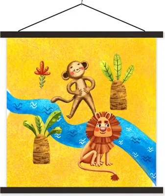 Produktbild von MuchoWow® Textilposter Affe - Löwe - Dschungel - Fluss 120x120 cm mit schwarzem Rahmen - Aufhängungsset