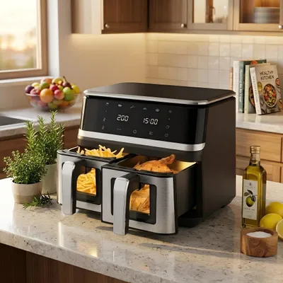 Image de Friteuse à air chaud double AIORBER 9 L, Airfryer Dual Zone avec fenêtre de visualisation, écran tactile, 200 °C, minuterie 60 min, circulation d'air à 360° sans huile, noir