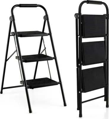 Produktbild von COSTWAY Trittleiter 3 Stufen Stehleiter, Klappleiter bis 150kg, Klapptritt Klappbar, Leiter mit Rutschfester Handlauf & Plattform, Metall Haushaltsleiter, für Zuhause Büro Garage, Schwarz