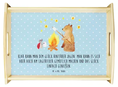 Produktbild von Mr. & Mrs. Panda Tablett Bär & Marienkäfer Lagerfeuer - Blau Pastell - Geschenk, Teddy, für essen, Bett-Tablett, holz, Servier, essenstablett