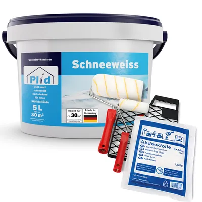 Produktbild von Plid Wandfarbe Schneeweiß 5L + Streichset 6-tlg. – für ca. 30m² / Innenfarbe Weiß mit hoher Deckkraft – matte Dispersionsfarbe, spritz- & geruchsarm
