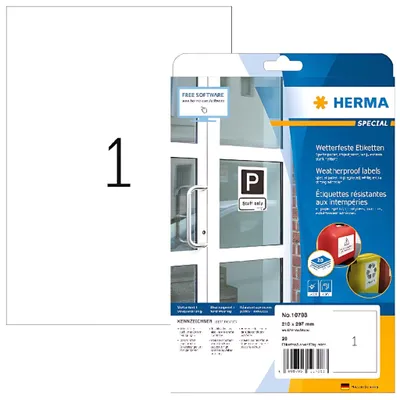 Zdjęcie produktu dla HERMA 10798, Biały, Prostokąt, Na stałe, A4, Uniwersalne, Papier
