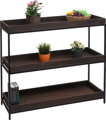 Immagine prodotto di Scaffale HWC-K71, scaffale in piedi scaffale per piante scaffale per libri, legno metallo 3 ripiani 90x100x35cm ~ marrone scuro
