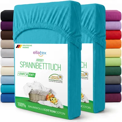 Produktbild von EllaTex 2er Pack Jersey Spannbettlaken 180x200–200x220 mit 40 cm Steg Baumwolle – Spannbetttücher Set für Boxspring & Wasserbett, in Farbe: Türkis