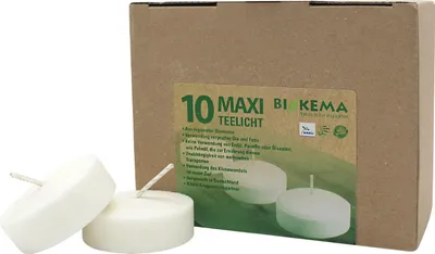 Produktbild von 100% ÖKO-MAXI-TEELICHTER aus regionaler Bio-Masse, BIOKEMA, Ø58 mm, Brenndauer ca. 12h, ohne Aluminiumhülle, 10 Stück pro Verpackung