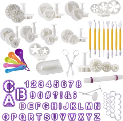 Produktbild von int!rend Fondant Zubehör - 94-teiliges Ausstecher Set mit Buchstaben und Zahlen Formen Figuren Blumen - Stempel Deko Werkzeug Groß - Deko für Torten - Back Ausstechformen