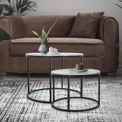 Produktbild von ML-Design Beistelltisch 2er Set, 50x35,5/60x45 cm, Weiß, aus Metall und Holz in Marmoroptik, Holz Tische in 2 Größen, 2x Satztische ,Couchtische, Wohnzimmertisch, Sofatisch, Kaffeetisch, Tisch