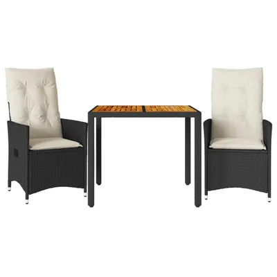 Produktbild von 3-tlg. Bistro-Set mit Kissen Schwarz Poly Rattan und Akazie