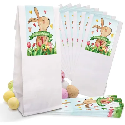 Produktbild von Logbuch-Verlag 5 kleine Papiertüte Geschenktüten Kraftpapier weiß beschichtet 7 x 4 x 20,5 cm Verpackung + Osternest Osteretiketten Text Frohe Ostern Geschenk Aufkleber bunt rot grün gelb10 Stück