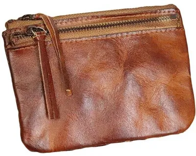 Immagine prodotto di Portafoglio in tela e pelle con doppia cerniera - Per banconote piegate e monete, marrone, stile vintage