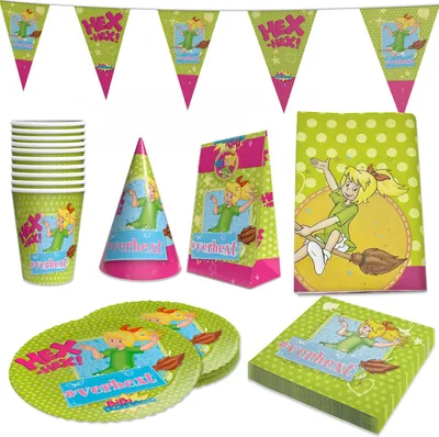 Produktbild von Bibi Blocksberg 62-tlg. Set - Becher Teller Servietten Wimpel Tüten Hüte