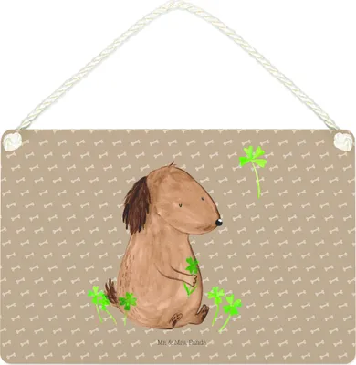 Produktbild von Mr. & Mrs. Panda Schild Hund Kleeblatt DIN A4 - Hundeglück - Geschenk, Wandbild Holz, Sprüche, Viel Glück, kleine aufmerksamkeit, wandtafel, holzbild, Türschild