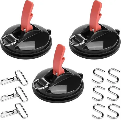 Imagen del producto de Ganchos para ventosas - 3 unidades - juego de ganchos para ventosas de coche. Incluye 6 ganchos en forma de S y 3 clips en forma de D - para toldos laterales de coche, barcos, lonas de camping. Accesorios para camping - anclaje de ventosas multifuncional