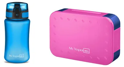Produktbild von My Vesperbox Mini Lite Brotdosen-Set – Box Lila/Blau, Minny Trinkflasche Blau (350 ml)