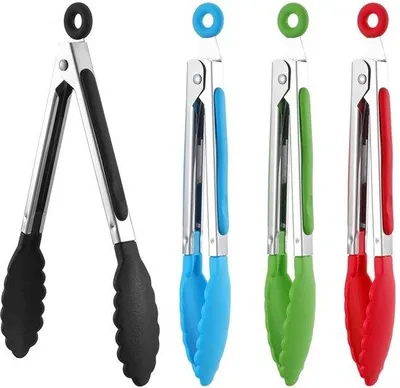 Immagine prodotto di Set di 4 pinze per barbecue in acciaio inossidabile - Resistenti al calore fino a 260 °C - Manico antiscivolo - Design ergonomico - Accessorio durevole per la cucina - Pinze per grigliate