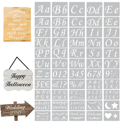 Produktbild von Kaligraphie-Schablonen - 50 Stück mit Alphabet, Buchstaben und Zahlen - Zum Malen, Zeichnen und Basteln - Kunststoff-Set