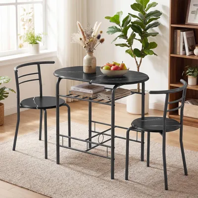 Produktbild von Essgruppe 3-teilig, Küchentisch Set mit 2 Stühlen, Marmor-Optik, Industrial, Schwarz | 80 x 52 x 76 cm | MDF & Metall | mit Tischregal