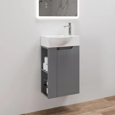Imagen del producto de HOROW 41 cm Waschtisch inkl. Waschbecken, Waschbecken mit Unterschrank, 2-teilig Badmöbel Set, Grau Badmöbel mit Waschbecken, Vormontiert geliefert