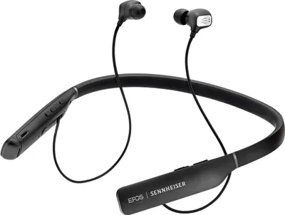 A pair of black wireless earbuds with a neckband, shown against a white background.