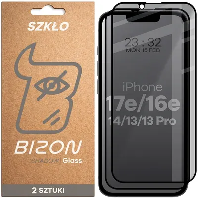 Produktbild von Gehärtetes Glas mit Privatschutzfilter für iPhone 17e / 16e / 14 / 13 Pro / 13, Bizon Glass Edge Shadow Duo, getönt mit schwarzer Rahmen, 2 Stück