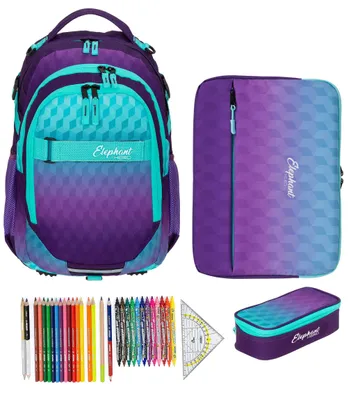 Produktbild von Schulrucksack Mädchen Elephant Hero Signature 4 Teile Set Rucksack Schultasche + Mäppchen Box + Laptophülle + 31 tlg. Stifte 12868 Violet Cube +rmlv