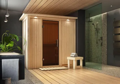 Produktbild von Karibu Sauna Innensauna Variado Fronteinstieg ohne Zubehör 210x132x202 cm mit Dachkranz mit Graphittür
