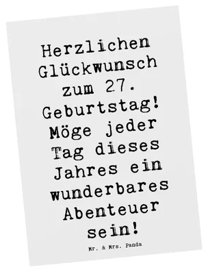 Produktbild von Mr. & Mrs. Panda Postkarte Spruch 27. Geburtstag Abenteuer - Weiß - Geschenk, Grußkarte, 27 Jahre, Geburtstagsgeschenk, Happy Birthday, Ansichtskarte, Fotokarte