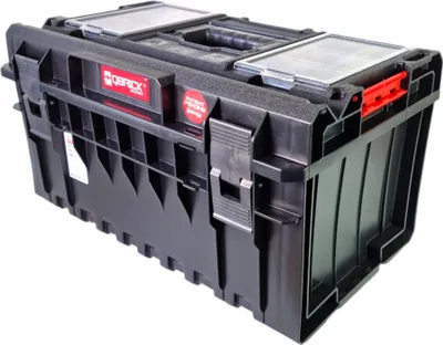 A black tool box with red accents and clear lids on a white background.