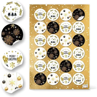 Produktbild von Logbuch-Verlag 24 Weihnachtsaufkleber MERRY CHRISTMAS gold schwarz weiß - Weihnachten Aufkleber Sticker Deko rund 4 cm48 Aufkleber / 2 Bögen