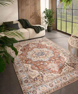 Image de Tapis d'extérieur vintage Unyqoos® Valenca Fino – couleur terracotta, 160 x 230 cm, motif en relief 3D, lavable, pour intérieur et extérieur