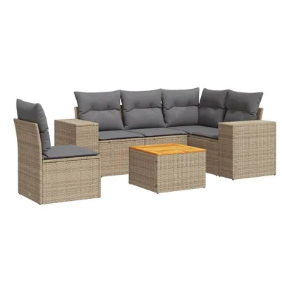 Produktbild von Modulares Garten-Sofa-Set, 6-teilig, mit Stauraum, wasserabweisenden Beuteln, Akazienholz-Tischplatte, PE-Rattan Beige, Kissen Hellgrau